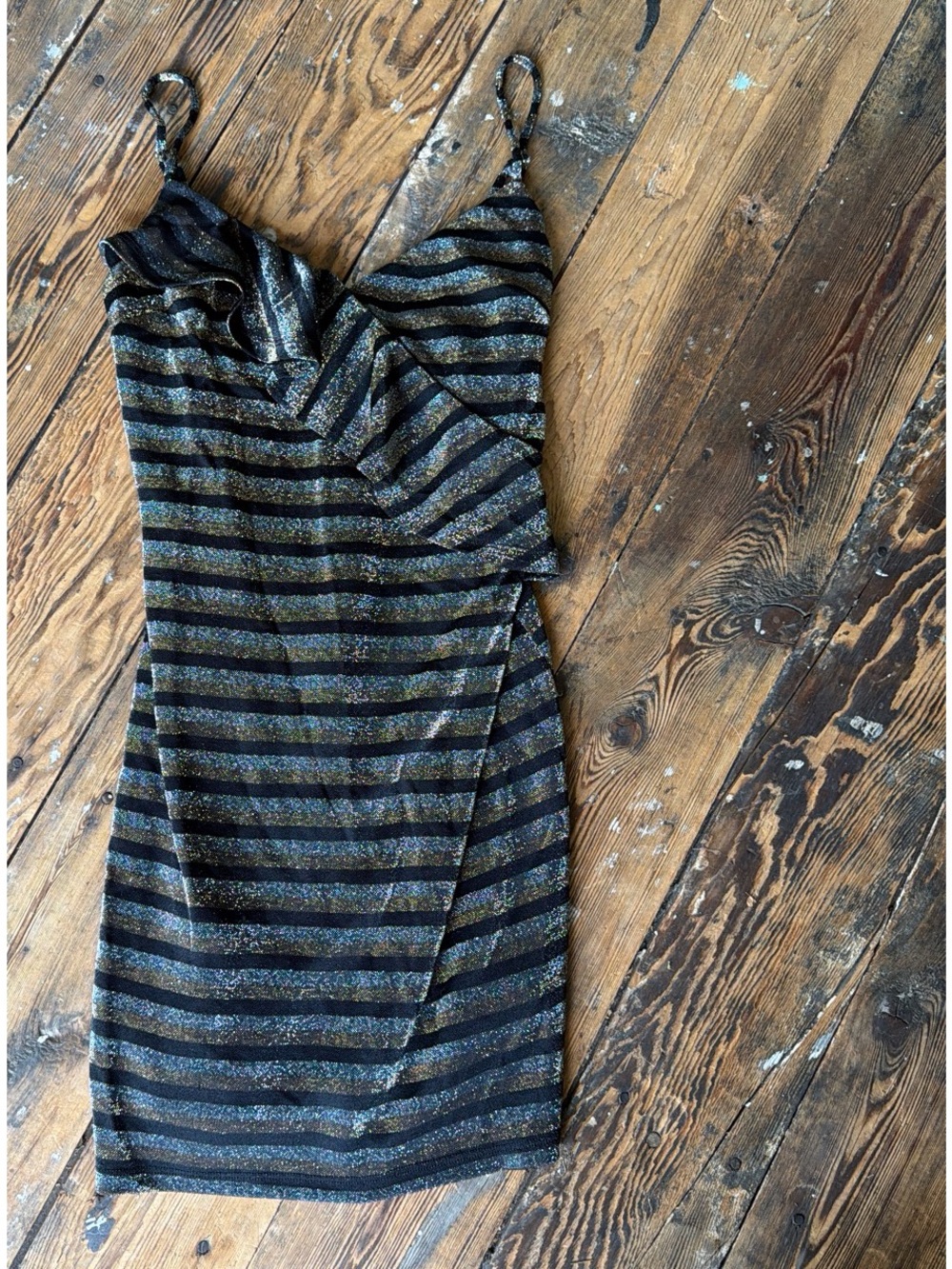 Lush Black and Gold Striped Wrap Mini Dress